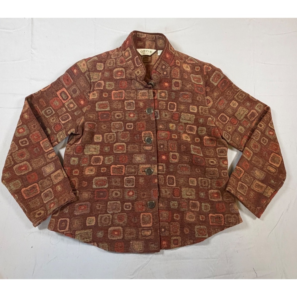 Orvis Women Brown Geometric Chenille Tapestry Jacket Mandarin Collar Large Boho